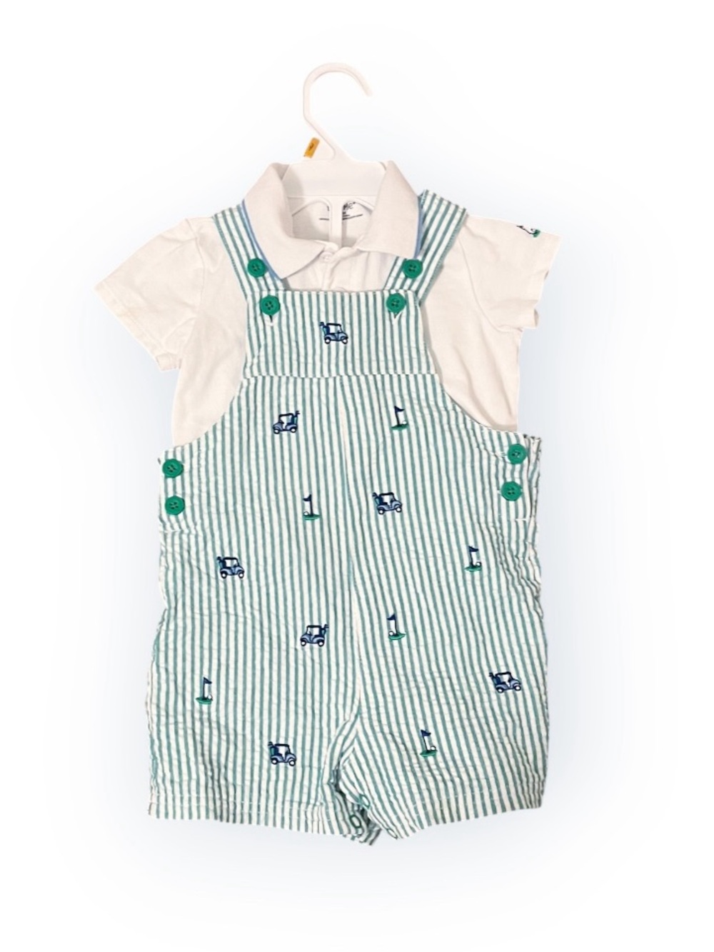Little Me Green & White Seersucker Striped Embroidered Golf Shortall
